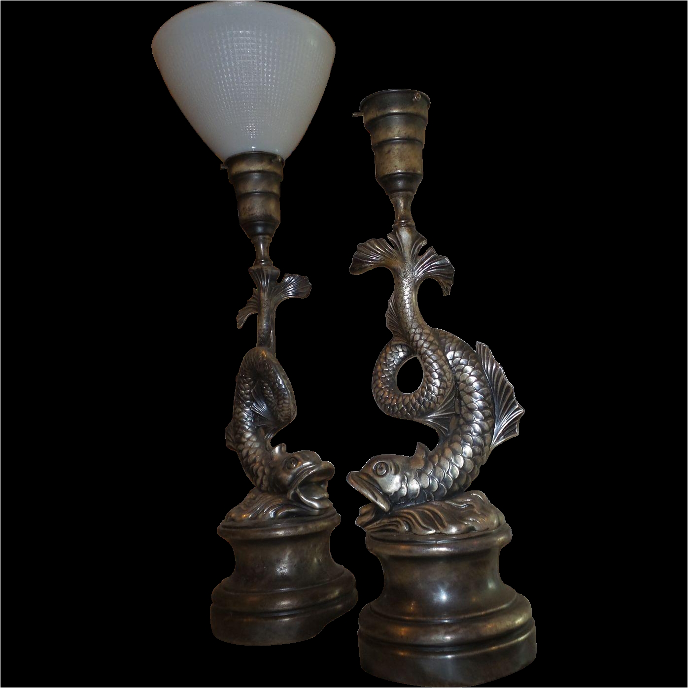 vintage french made 1920s pair of dolphin shaped lamps in silver tone from pearlgirls on ruby lane