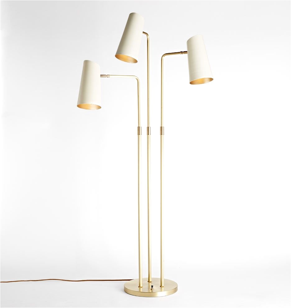 cypress 3 arm floor lamp brushed satin brass with satin white shades a9598
