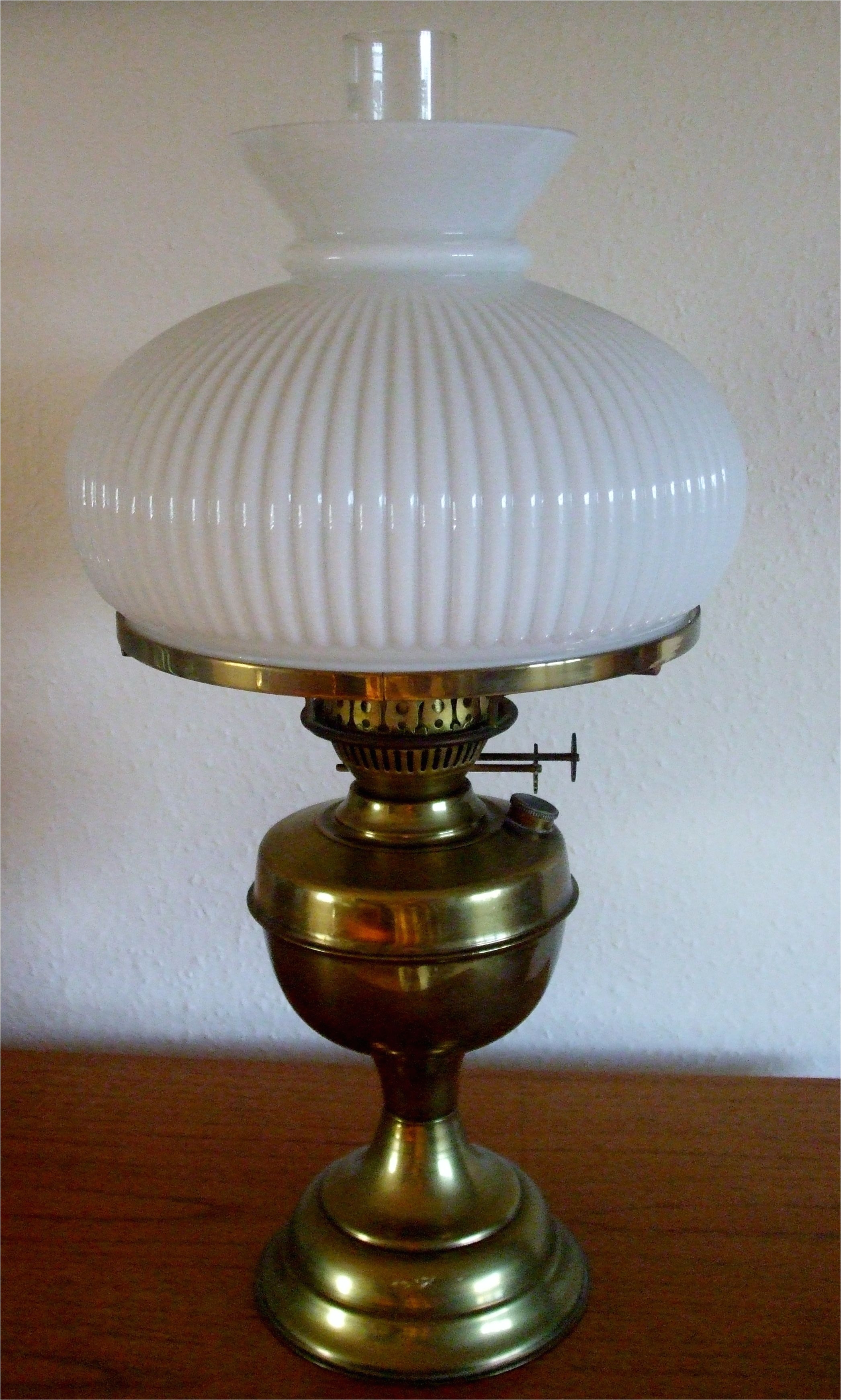vintage two burner oil lamp complete with milk glass fluted shade chimney