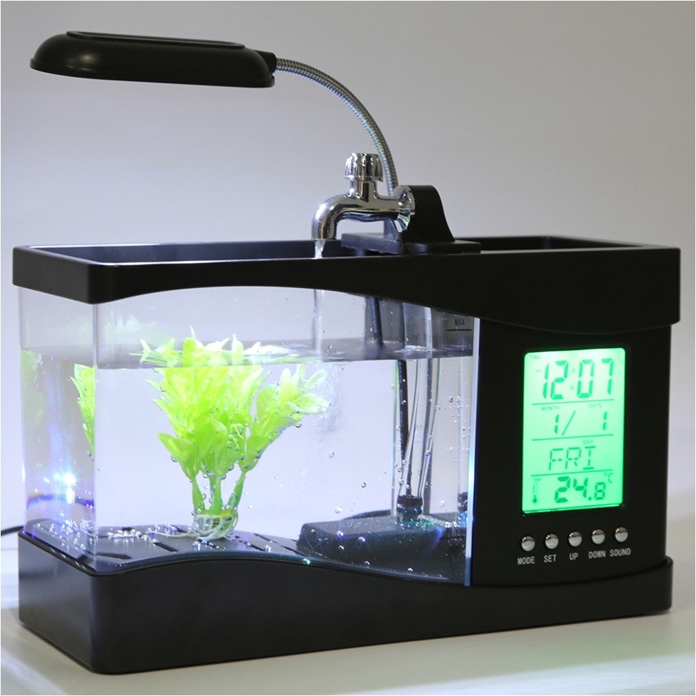 2018 new arrival popular new usb desktop mini fish tank aquarium lcd timer clock led lamp
