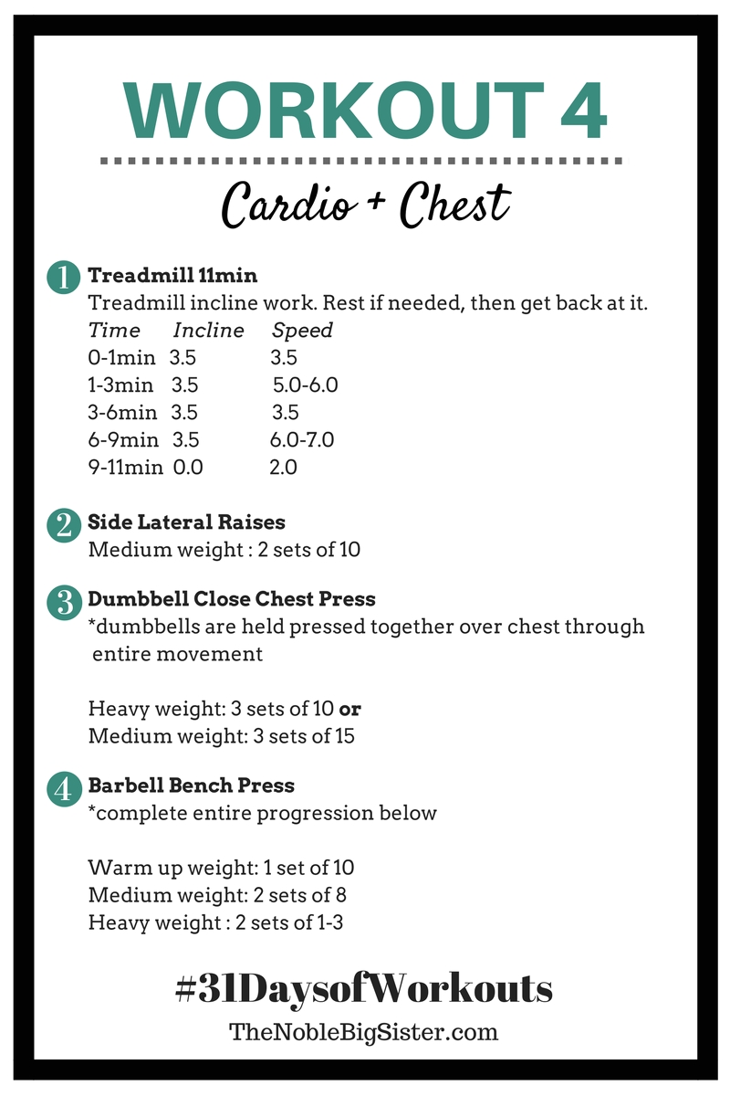 workout 4 cardio chest cardio and chest workout 31 days of workouts the noble big sister