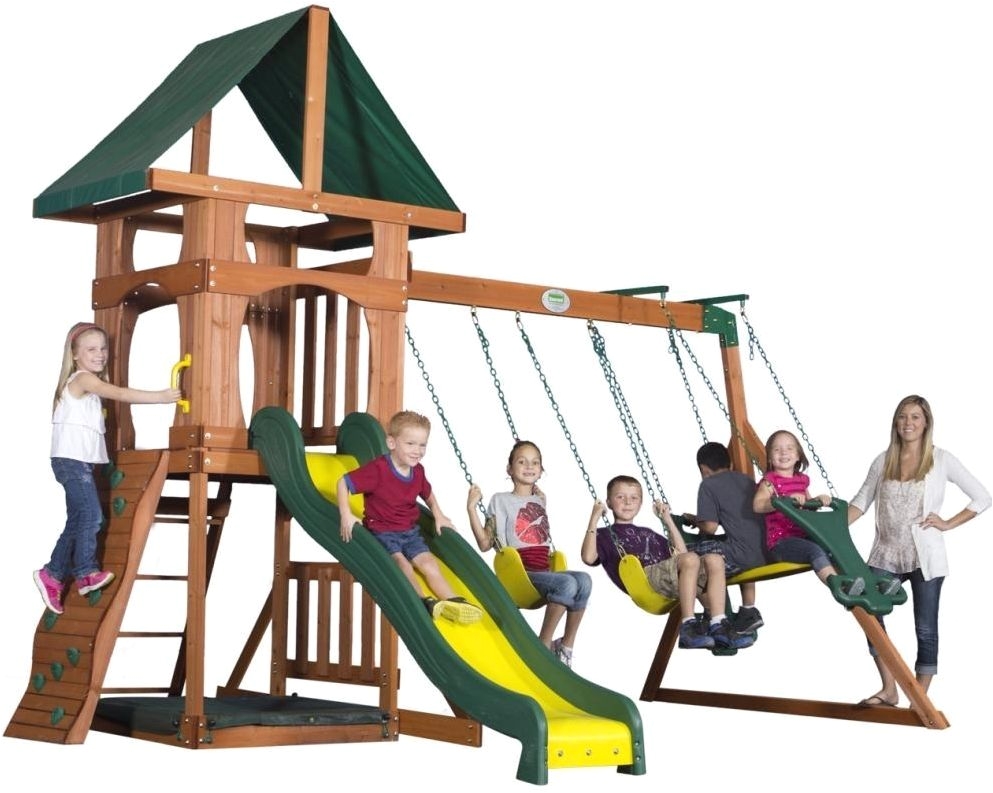 kids playset roomy step ladder upper deck belt swing canopy rock wall 8 ft slide kidsplaysetroomy