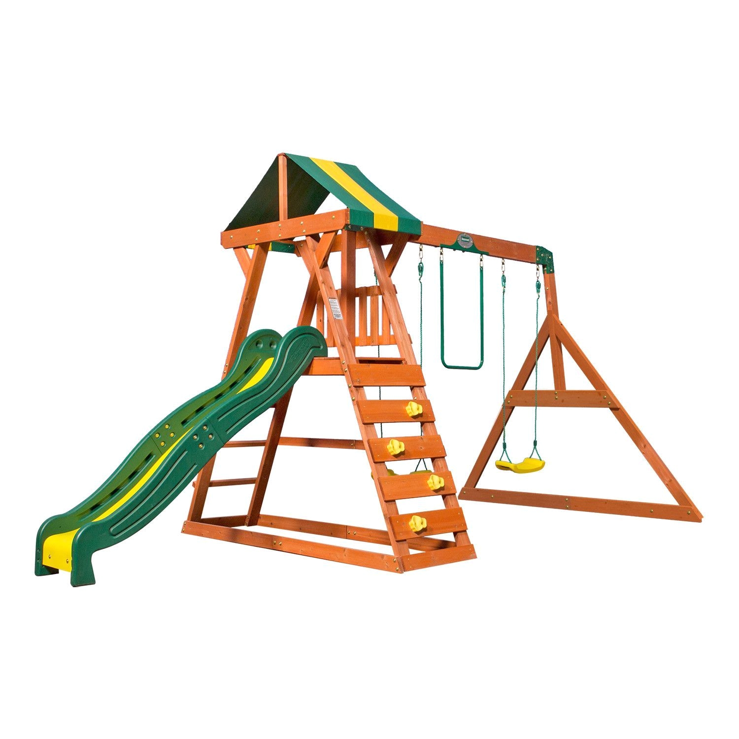the madison is a one of a kind swing set with a sturdy 45 h deck which includes a 2 piece protective side rail and a stylish green and yellow tarp roof