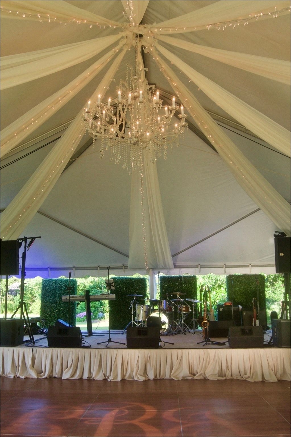 Backyard Graduation Party Ideas White Drape Crystal Chandelier Outdoor Wedding Tent Lighting