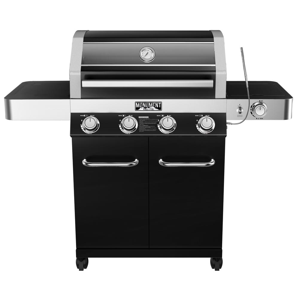 4 burner propane gas grill in black with clearview lid led controls side