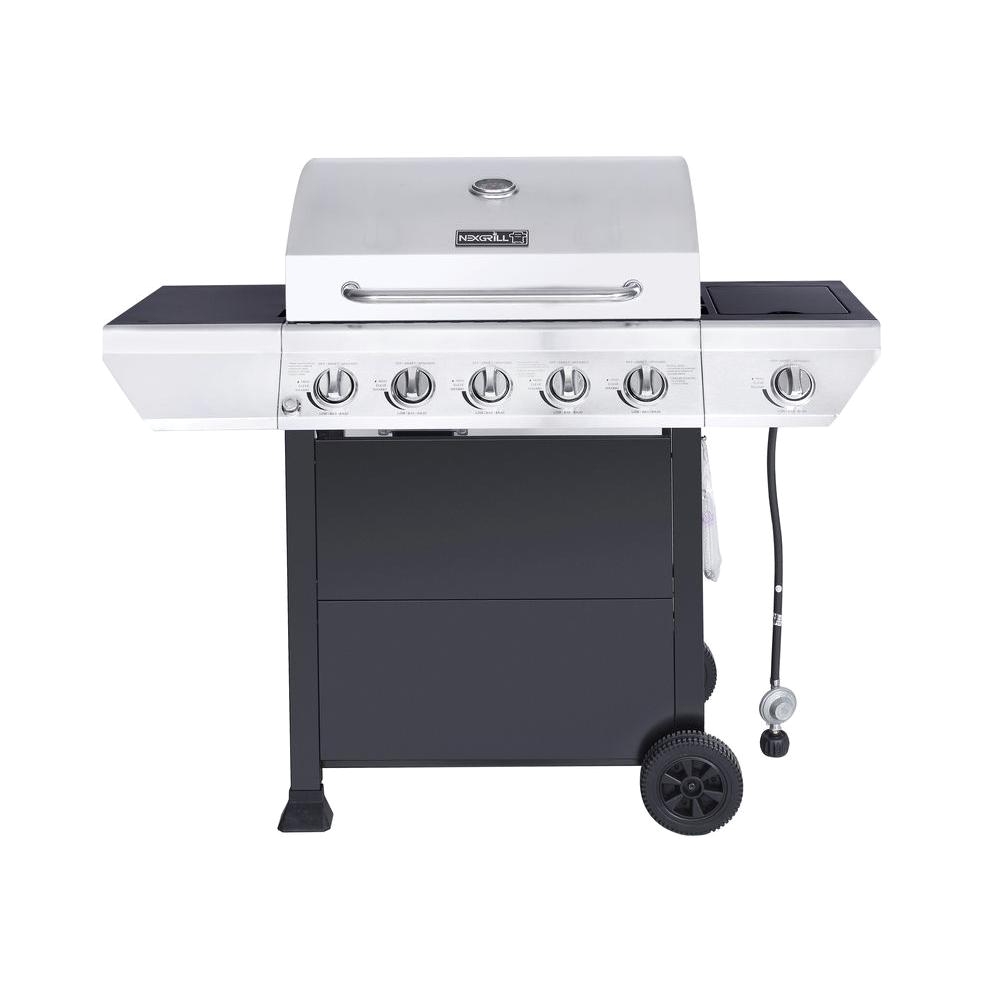 5 burner propane gas grill in stainless steel with side burner and