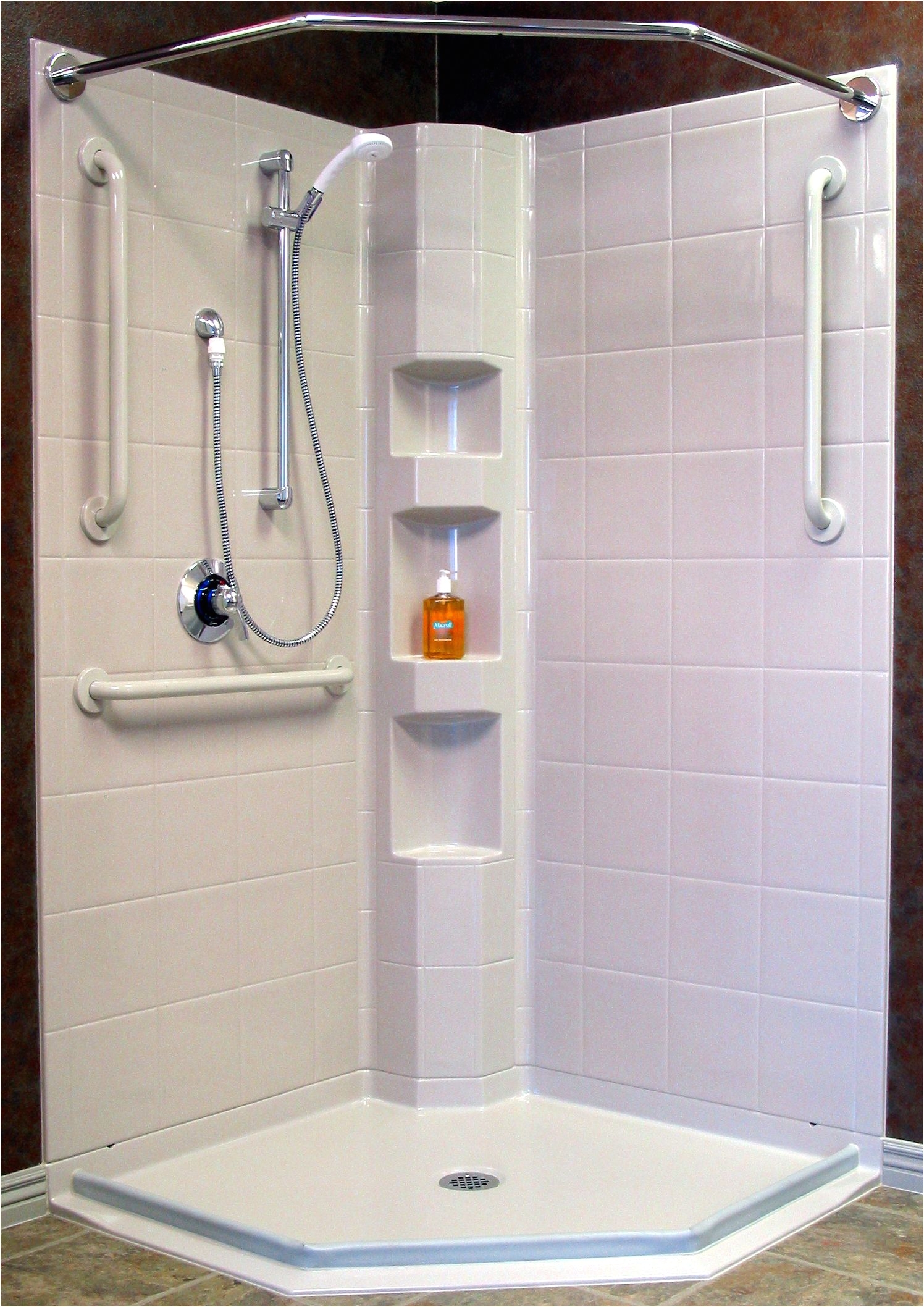 corner shower with barrier free access and water stopper pre sloped reinforced drain pan modular design with full blocked composite walls for easy