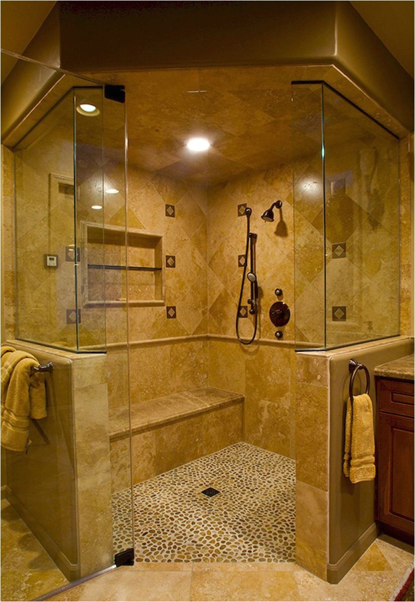 traditional master bathroom steam shower roll in handicapped accessible access a½in glass enclosure marble bench seat with pebble floor tile and