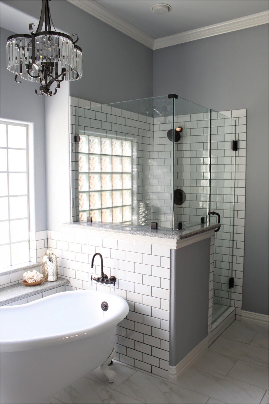white subway tile with gray grout id like this with all glass block