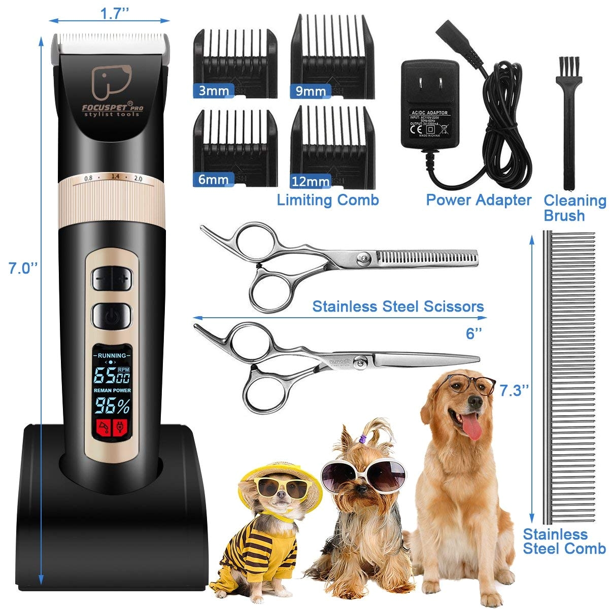 amazon com focuspet dog grooming clippers professional 3 speed low noise rechargeable cordless electric dog clippers pet grooming clipper kit dogs cats