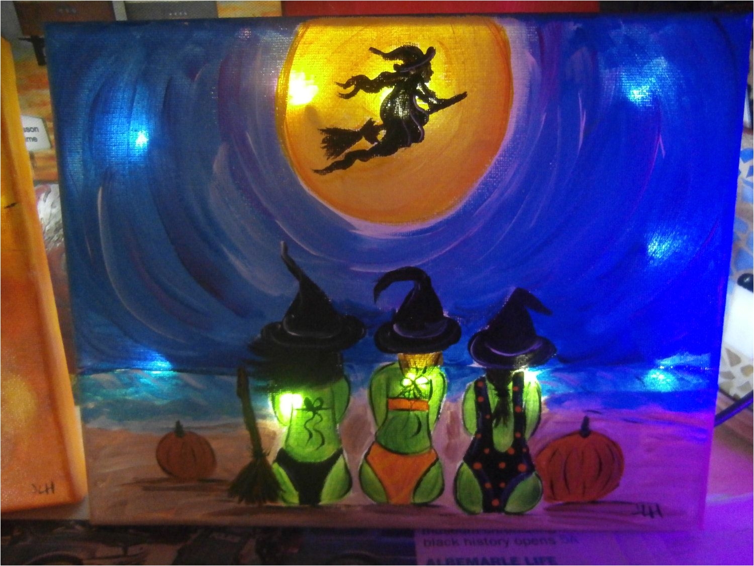 hand painted 8 x 10 lighted canvas witches night out full moon beach art usa battery operated lights by artbysethhouse on etsy