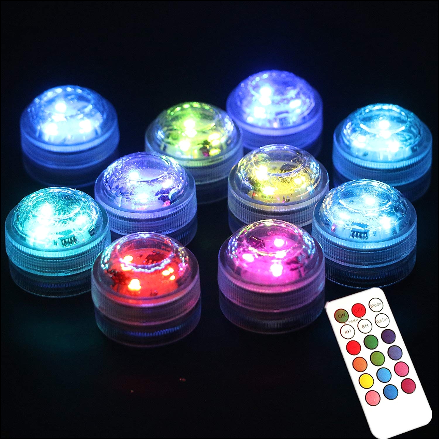 amazon com acmee pack of 10 rgb 3 leds water proof floral light with remote control battery operated multi colors led submersible tea light with 18 keys