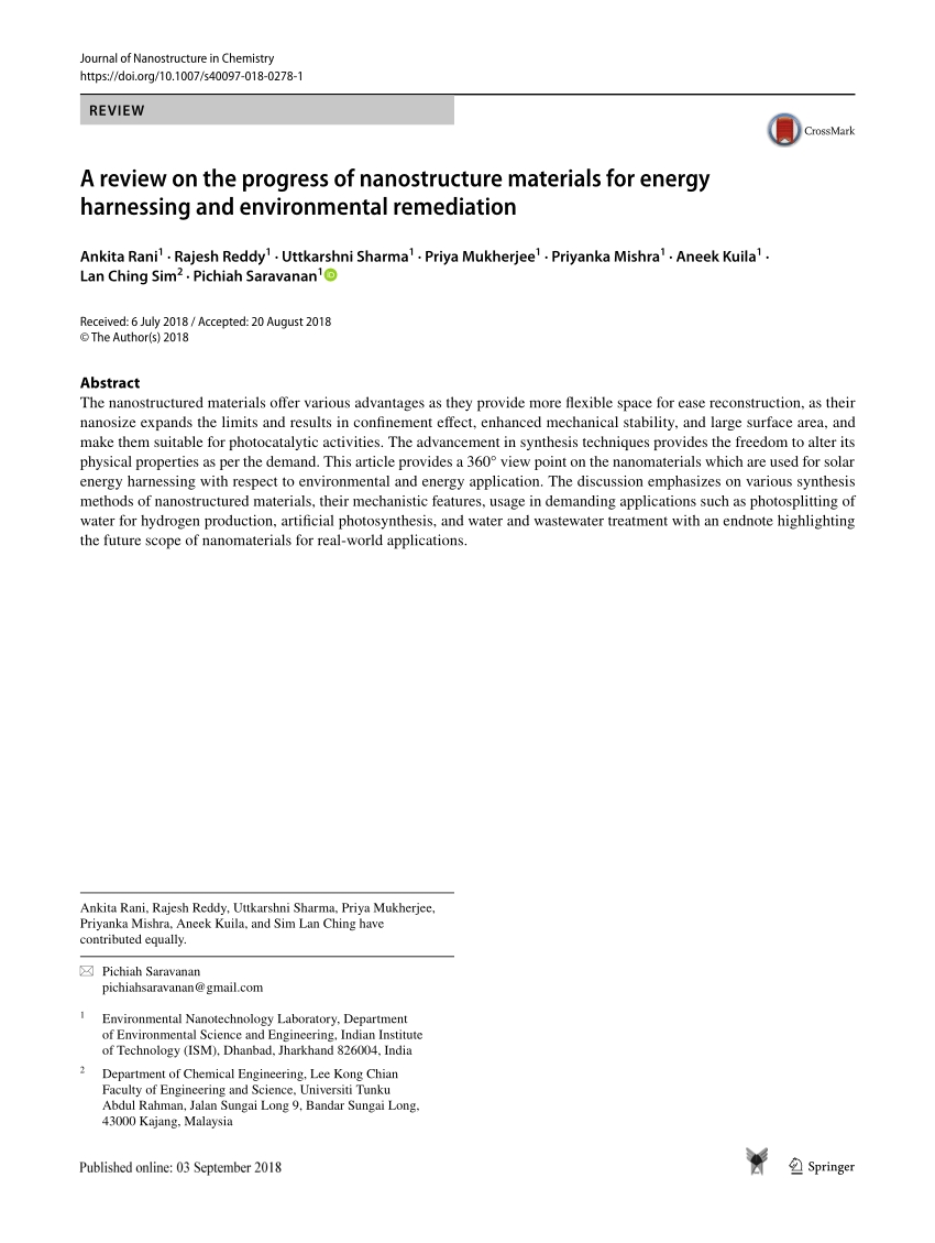 pdf a review on the progress of nanostructure materials for energy harnessing and environmental remediation