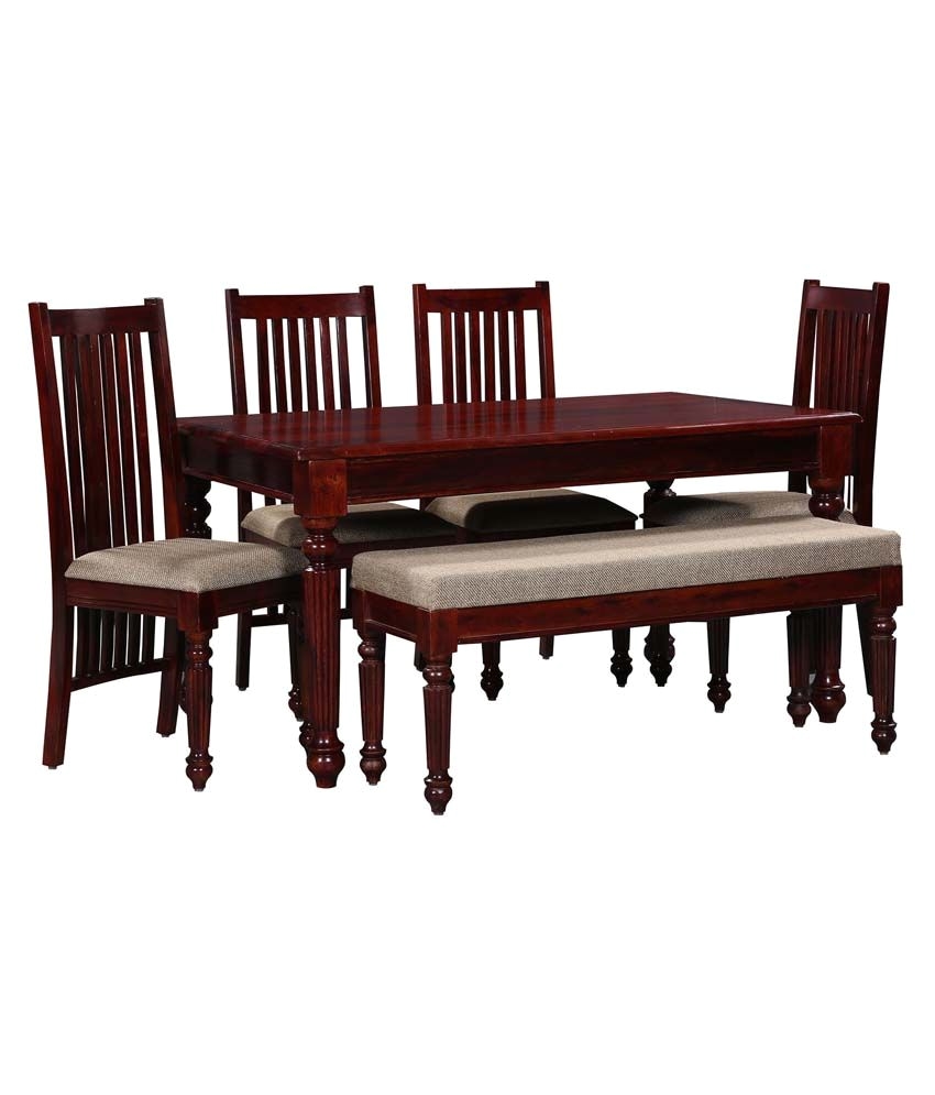 ethnic india art sheesham wood 4 chairs dining set with bench