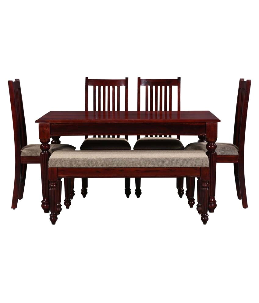 ethnic india art sheesham wood 4 chairs dining set with bench