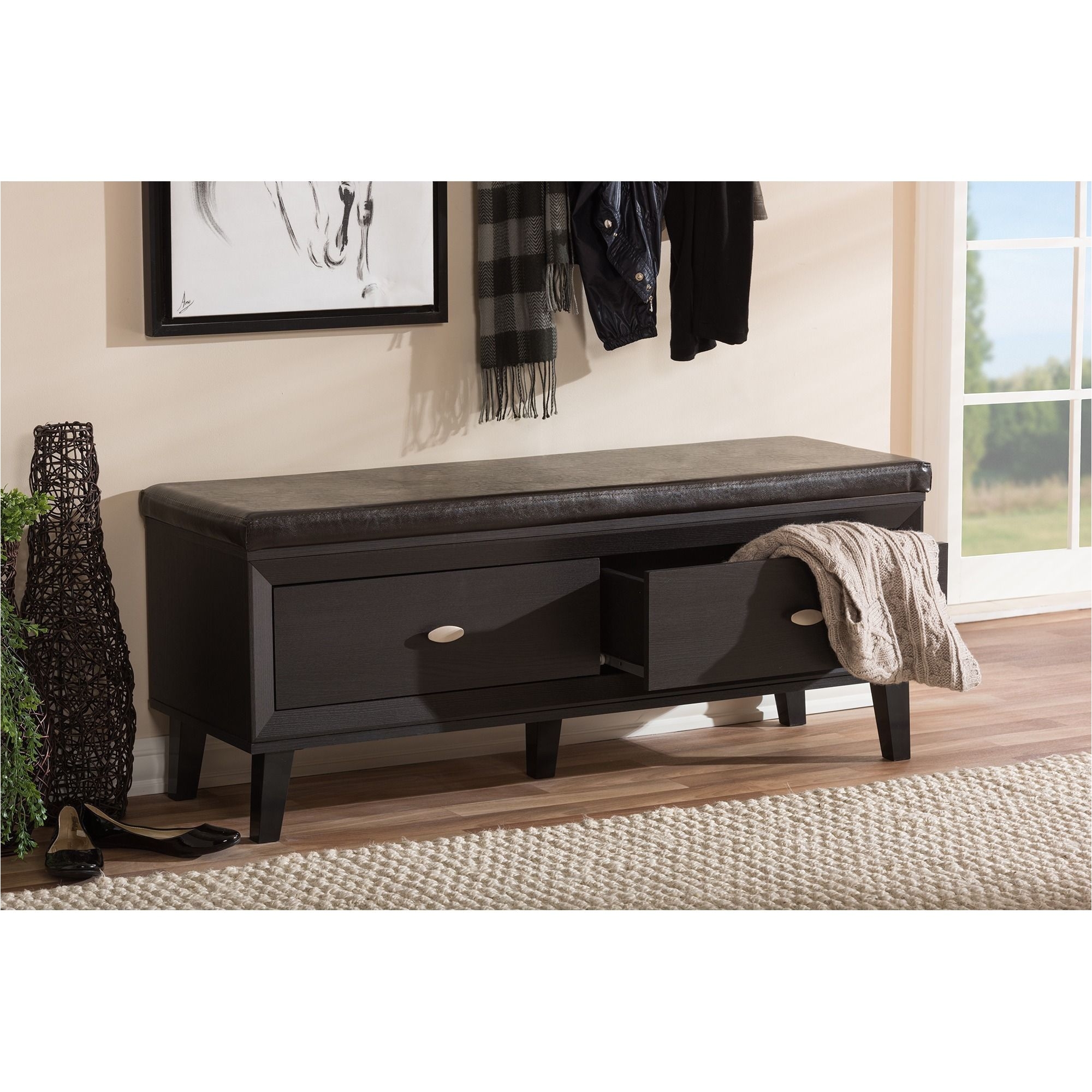 organize your entryway or mudroom with the dark brown emmett 2 drawer storage cushioned bench