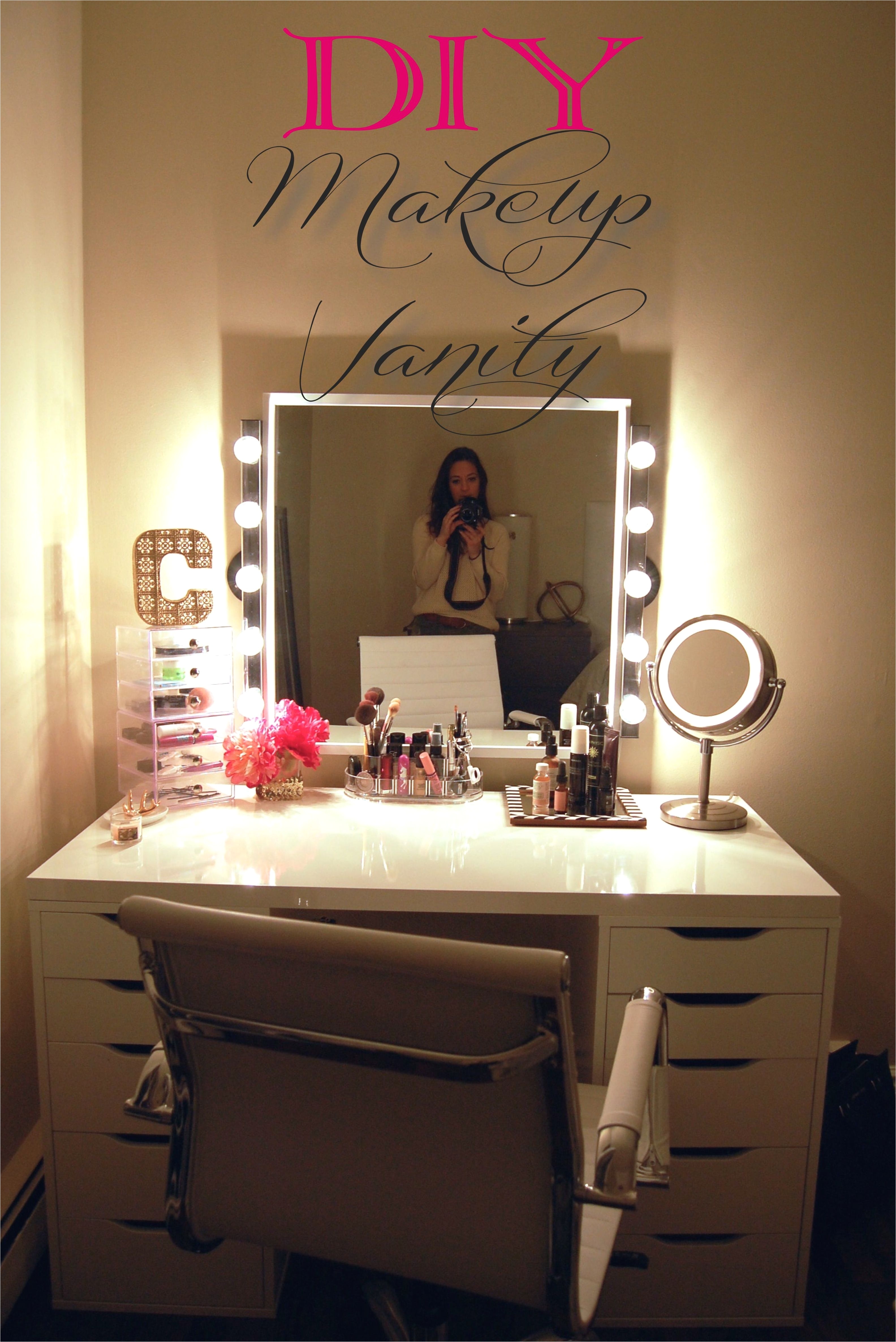 an awesome diy makeup vanity perfect for the makeup lover because theres drawers for storage which keeps the desktop clean