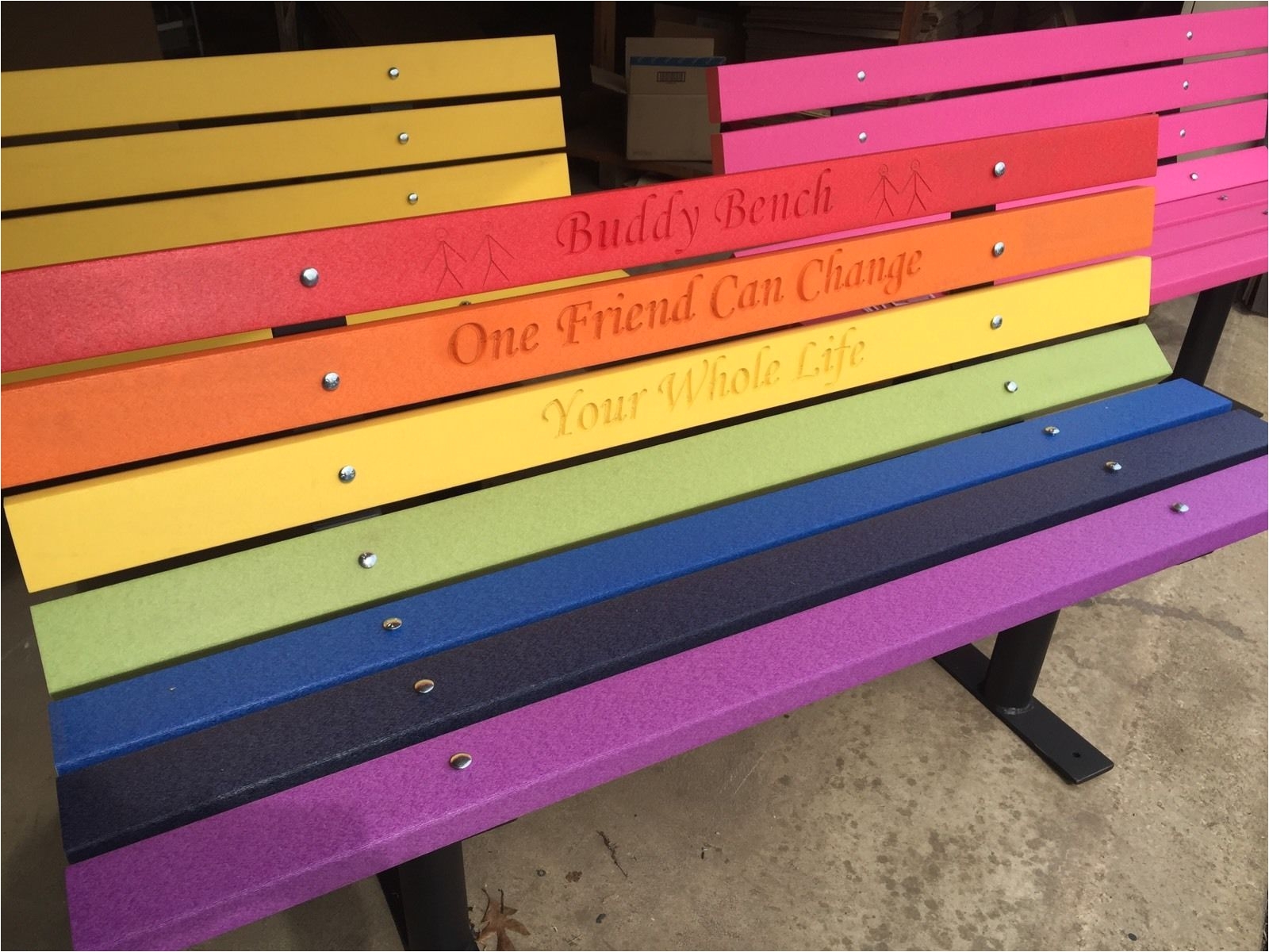buddy bench rainbow vibrant colors recycled plastic lumber solid