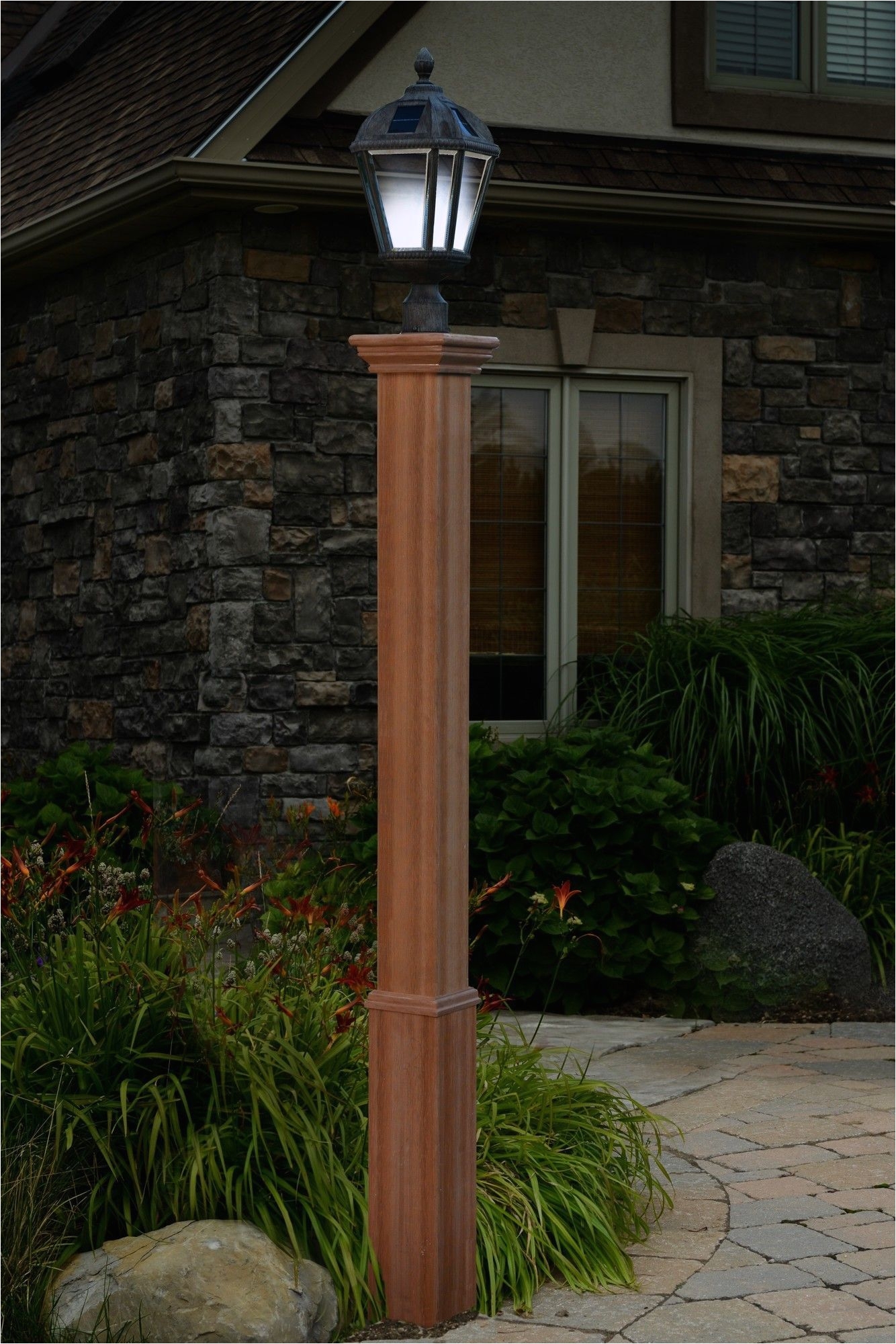 lamp is not included maintenance free color cedar can sleeve over existing unsightly wood or metal posts can accommodate solar or wired lamps