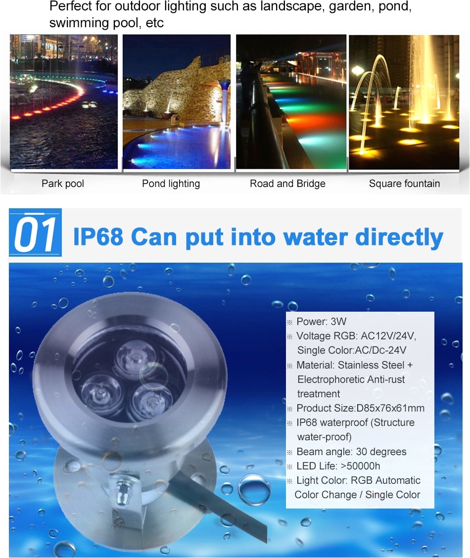 hotook underwater lights rgb ip68 submersible led pool light 3w stainless steel spotlight for fountain pond gardenmarine project in led underwater lights