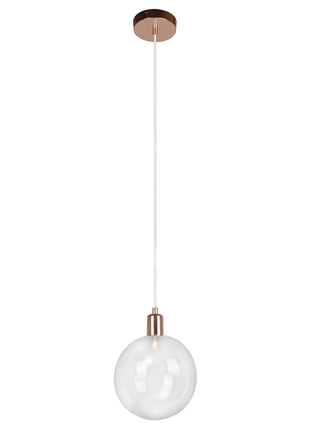 a single large round glass bulb with copper finishing suspended from a copper ceiling fixture