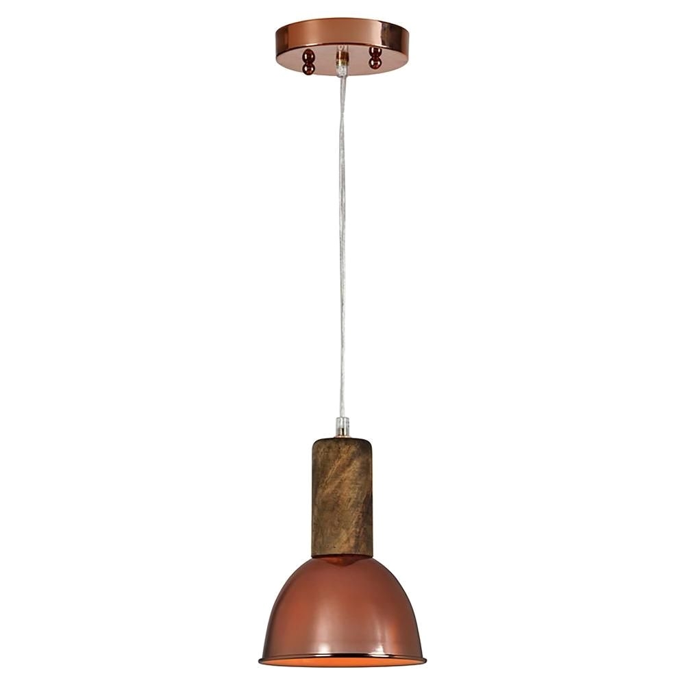 bring modern industrial style to your ceiling with this pendant light a copper steel shade is capped with natural wood for a rustic look thats perfect for
