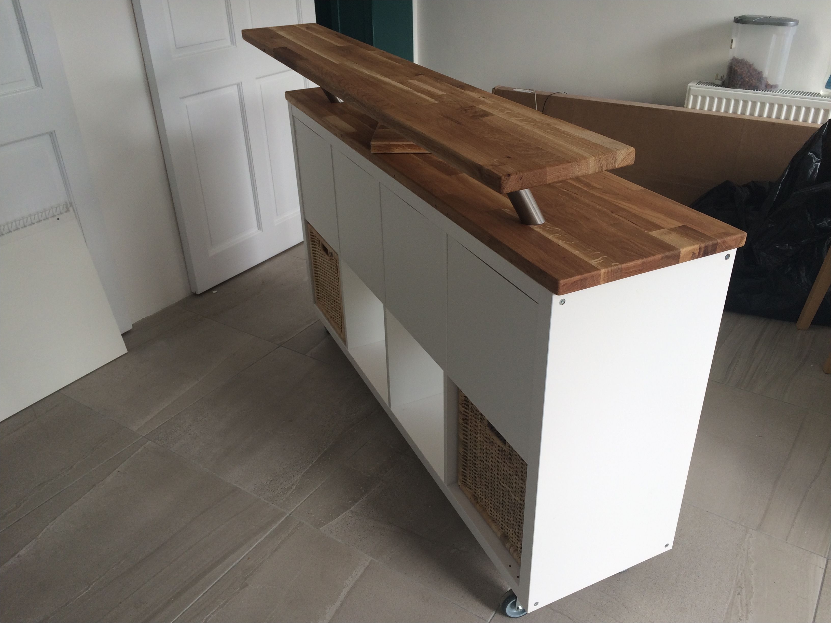 ikea hack kitchen island breakfast bar kallax on heavy duty casters with offcuts of hammar solid wood counter top