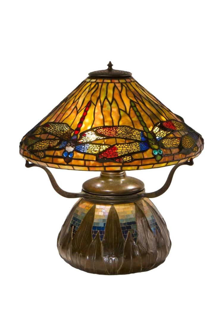 important and rare leaded stained glass mosaic bronze dragonfly table lamp decorated with seven dragonflies each with different colored glass bodies