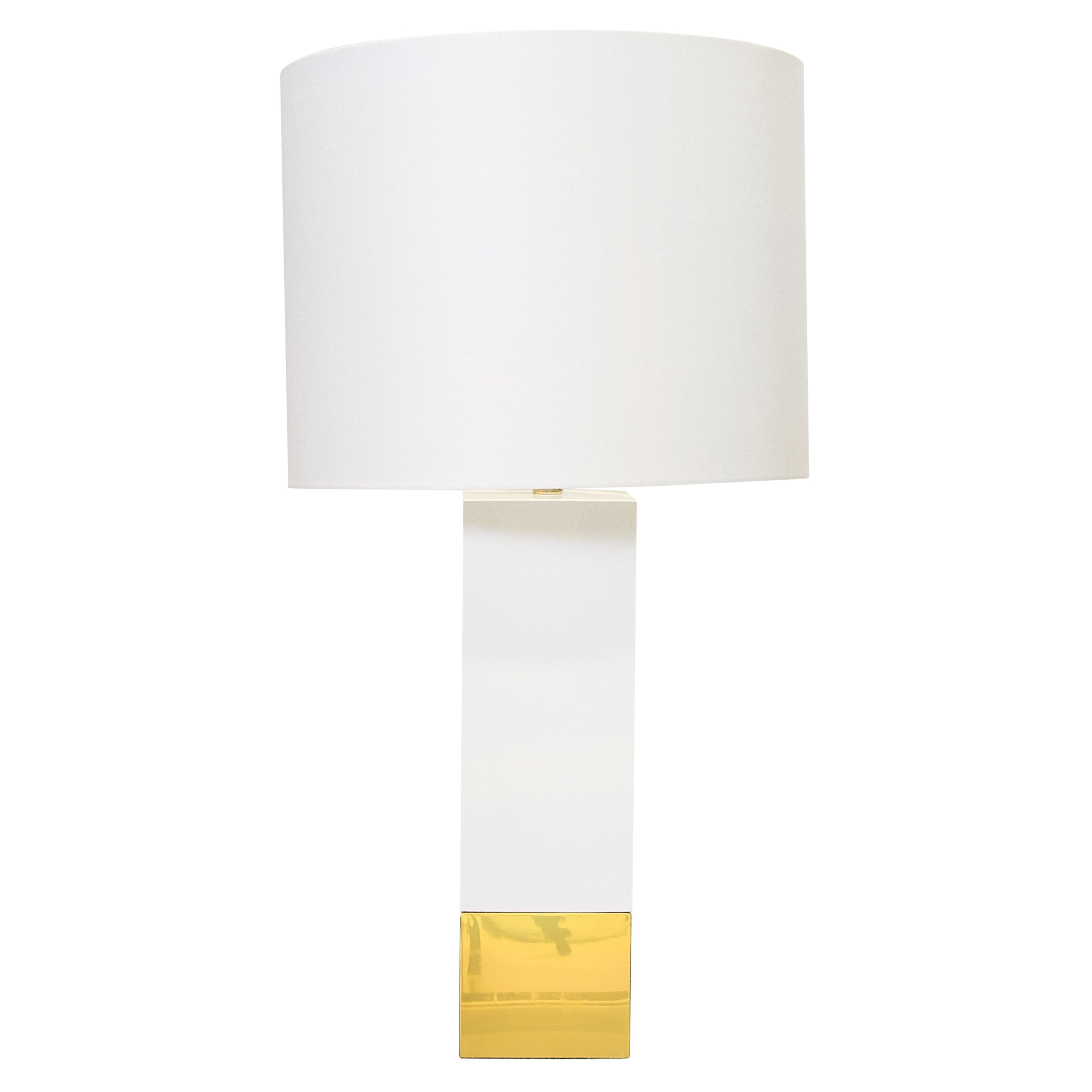 square white lacquer and brass lamp with white linen drum shade new york introduction