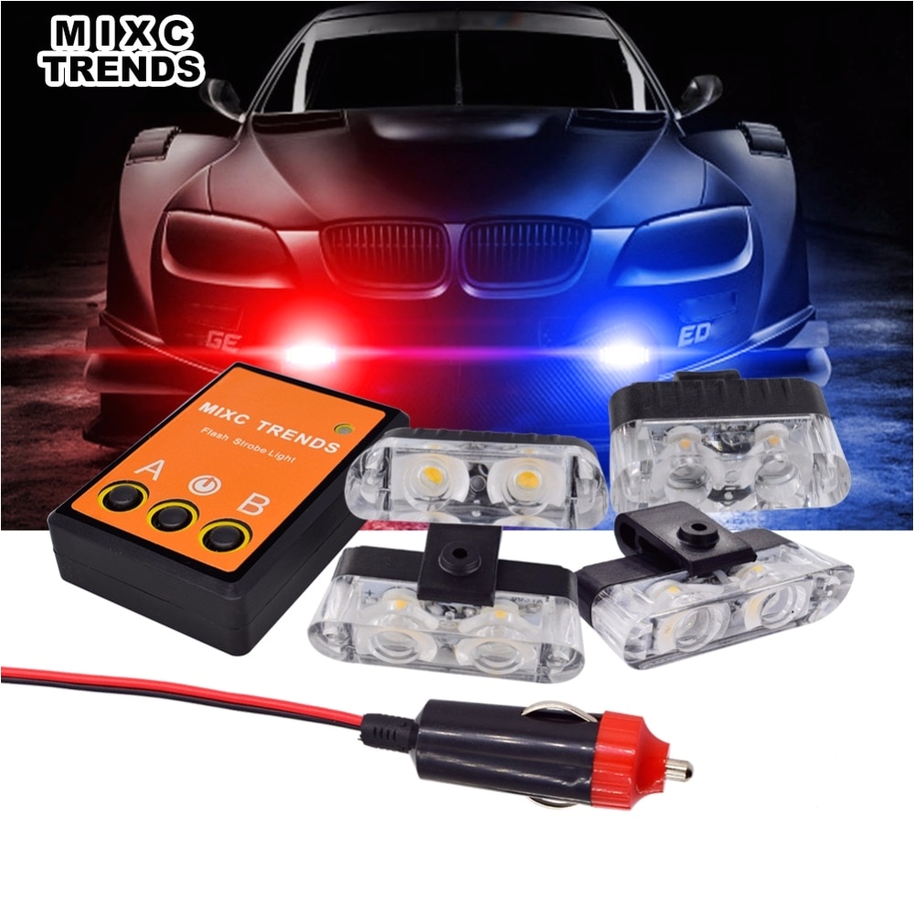 4pcs 12v led emergency flashing lights police red blue amber car strobe light kit with flasher controller cigarette lighter plug in signal lamp from