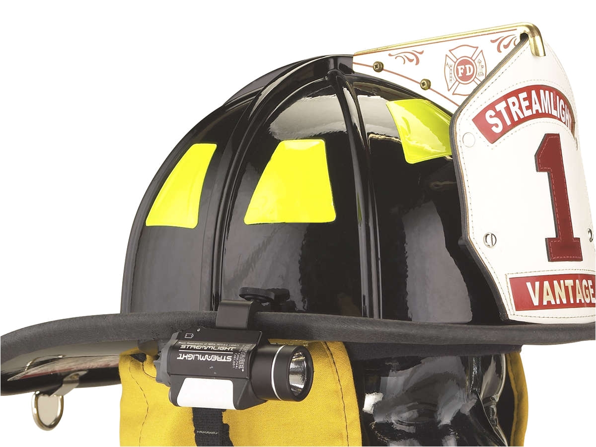 black streamlight vantage helmet light mounted on firefighter helmet