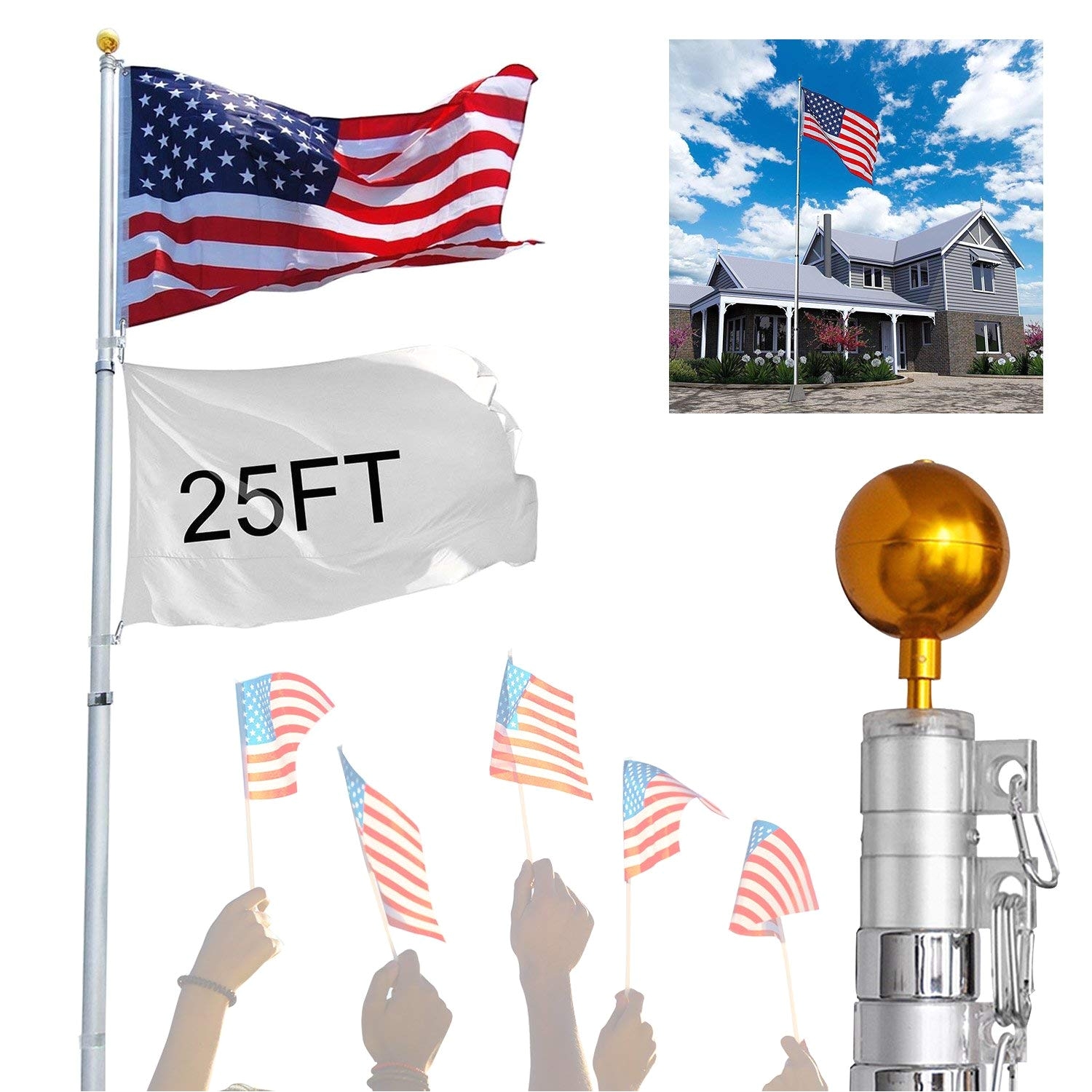 amazon com koval inc 25 ft aluminum telescoping flagpole kit with us flag 25ft telescopic flag pole office products