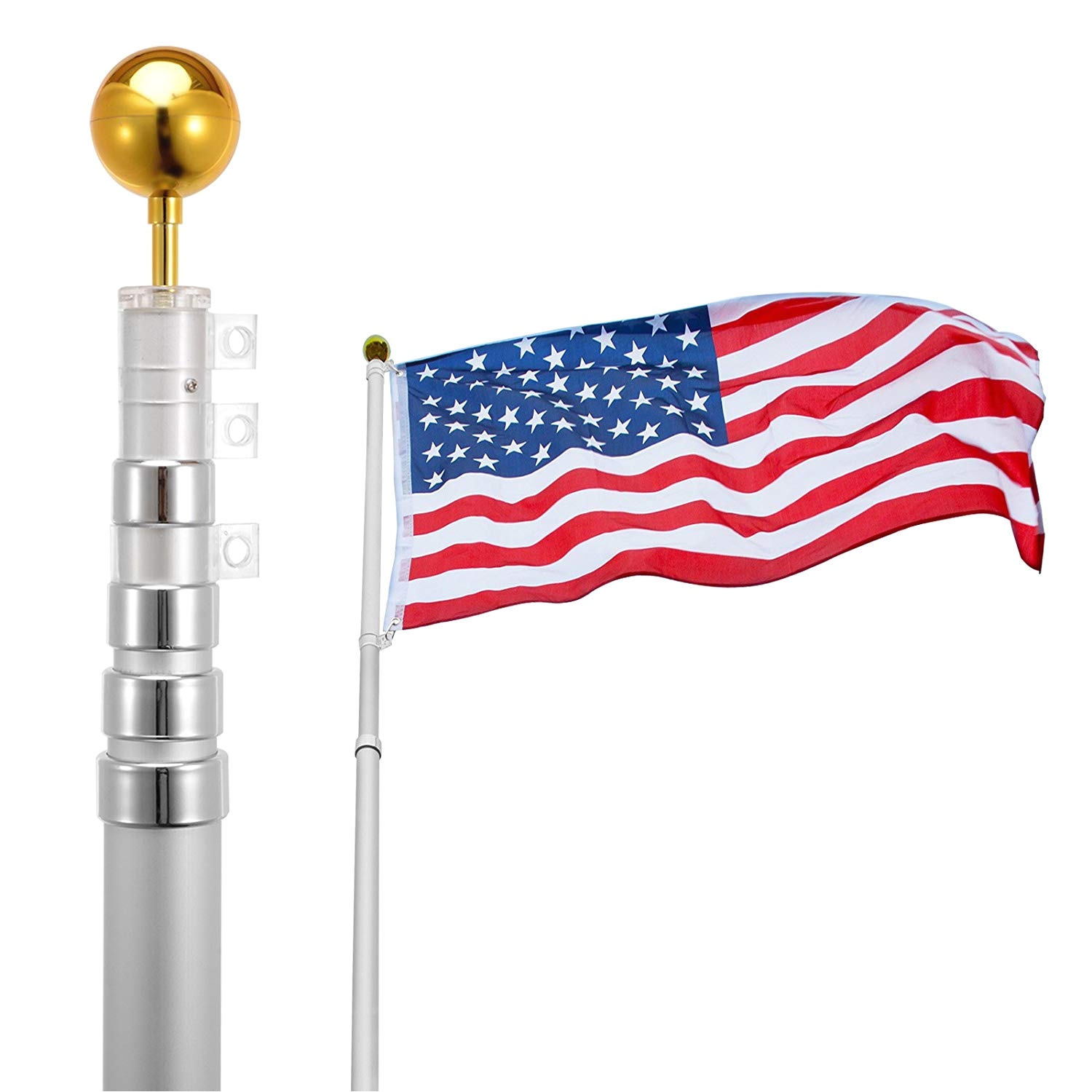 amazon com voilamart 20ft flagpole telescopic 5 sectional fly 2 flags outdoor aluminum flag pole kit with the american flag great for residential or