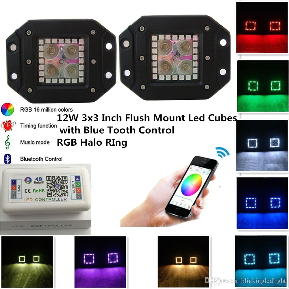 12w 3x3inch flush mount led cubes flood rgb halo ring led pods by blue tooth control many flashing modes and color changing music code led working lights