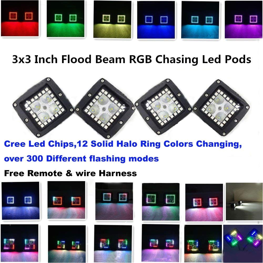 amazon com iov light 4pcs 3x3 inch 16w cree led cubes flood beam with rgb halo ring chasing rf remote controller many flashing ways led emergency light for