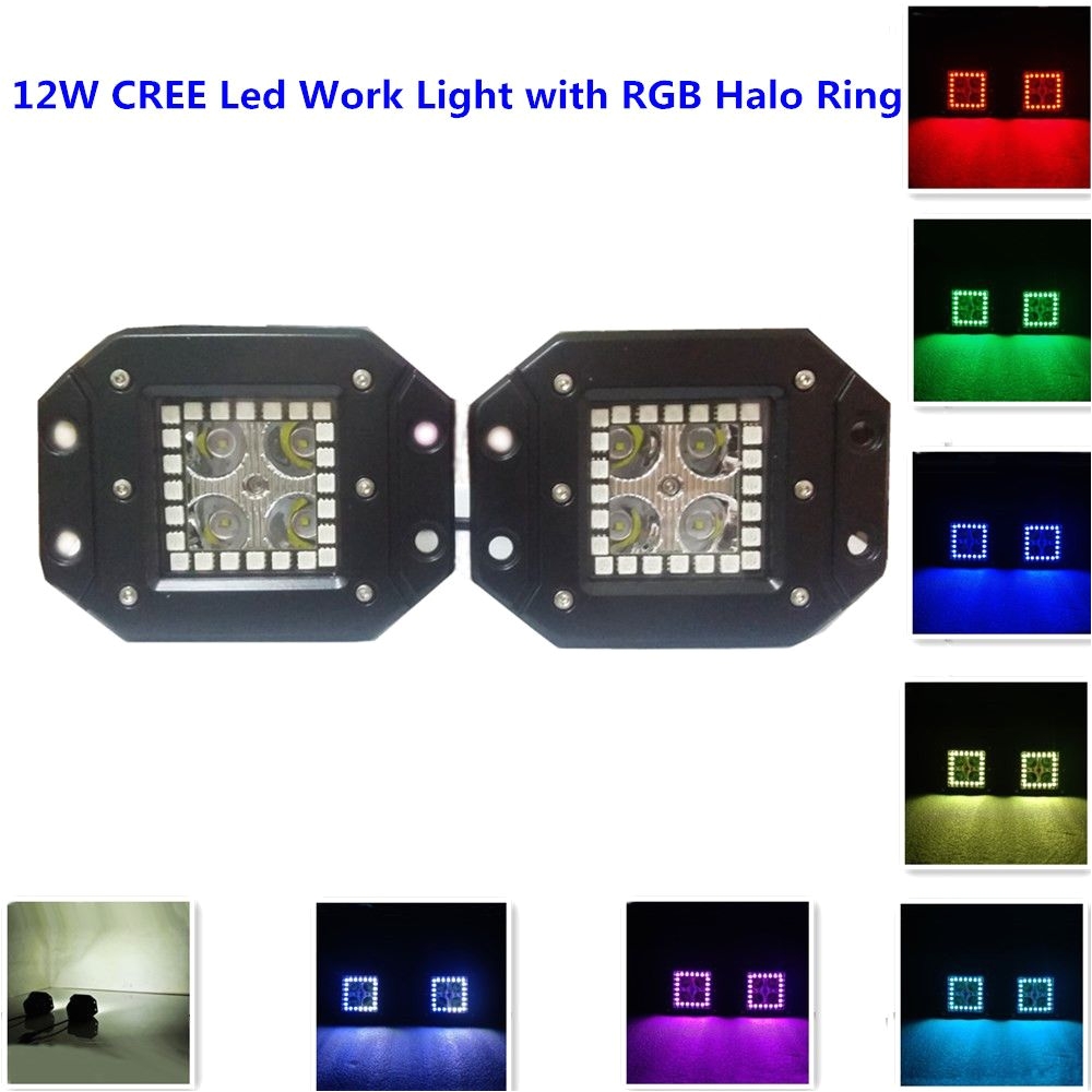 one pair of 12w flush mount led work light 12v rgb halo ring spotlight many colors flashing modes atv off road led fog light