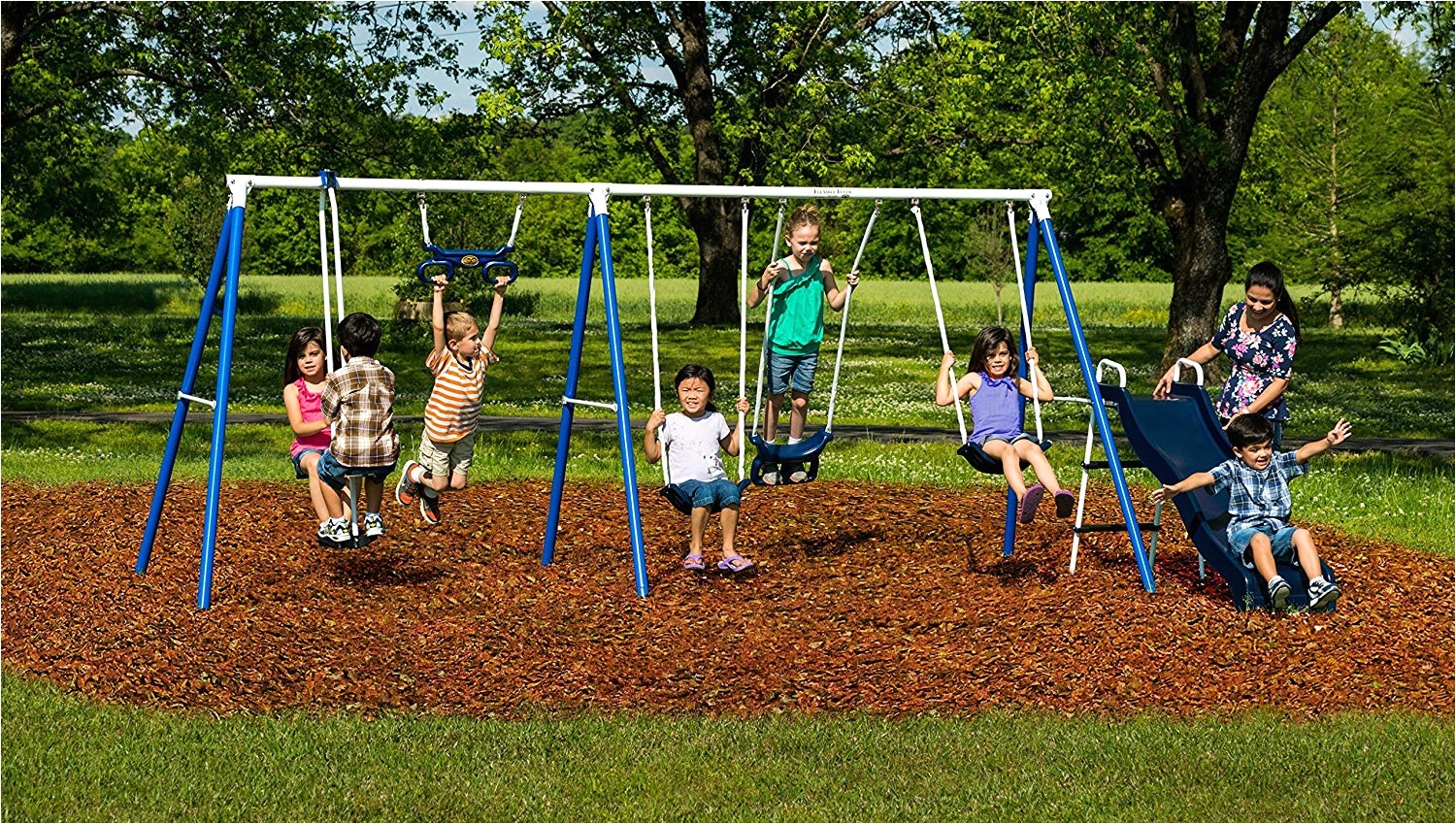 amazon com flexible flyer play around swing set trapeze slide swings air glider 42120t toys games