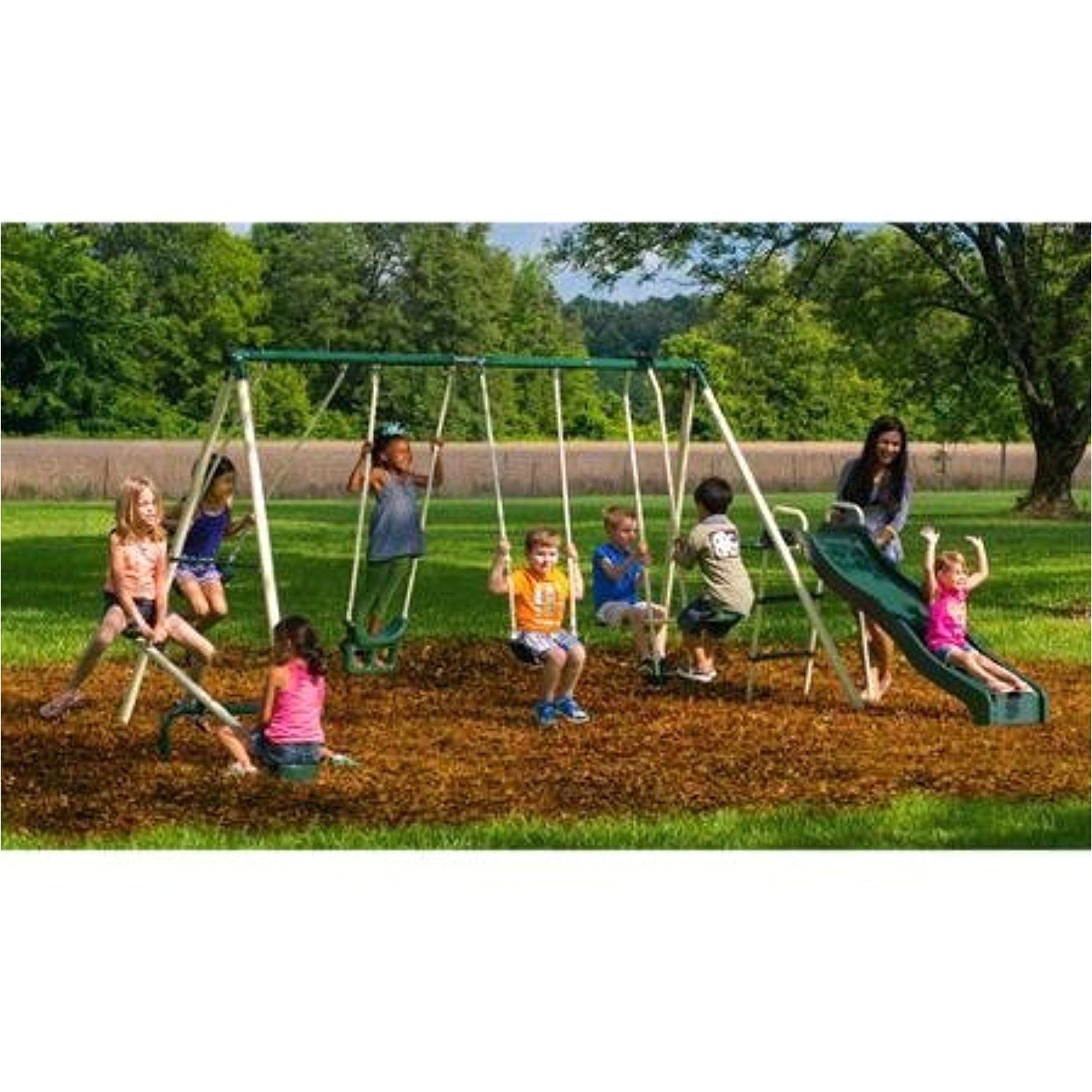 backyard swingin fun metal swing set vinyl covered swing chains are height adjustable