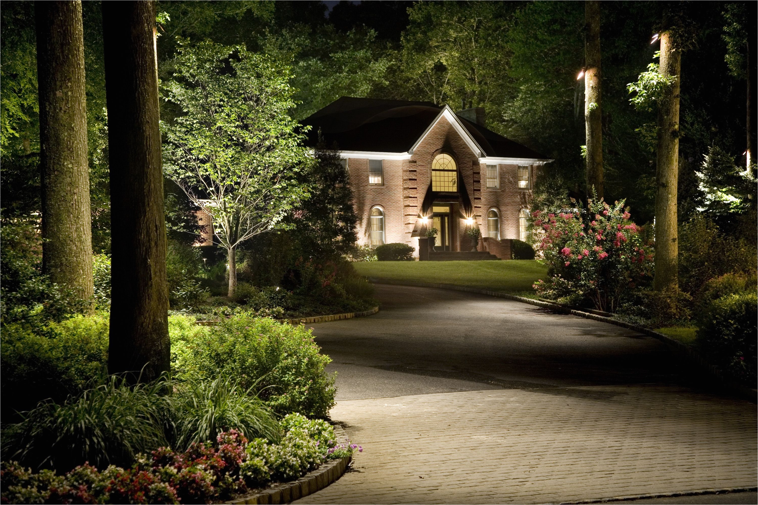 cast lighting moon light and uplighting along a driveway with a well lit home in the background