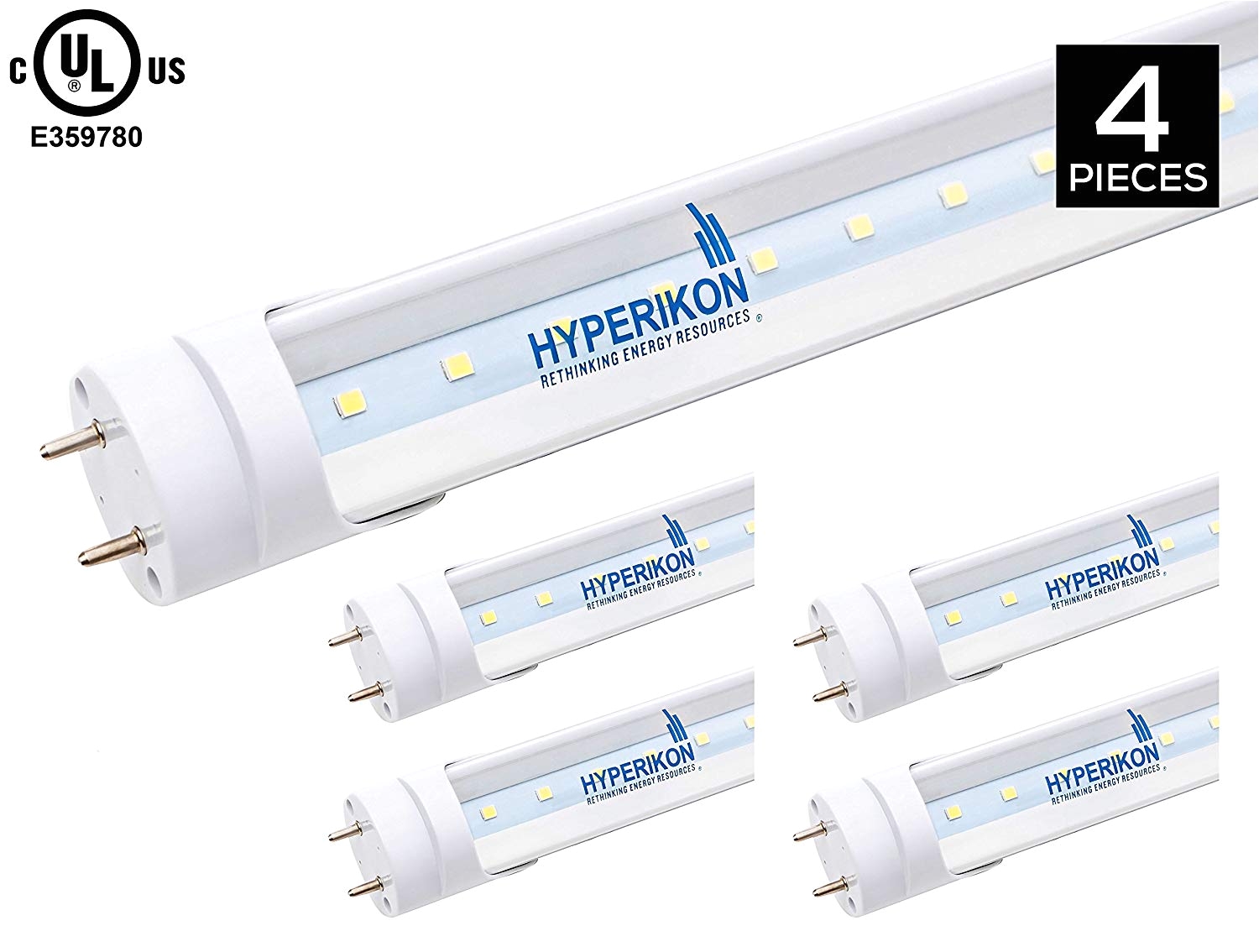 hyperikon t8 led light tube 4ft 18w 40w equivalent 6000k super bright white single ended power clear ul 4 pack 4 tombstones included