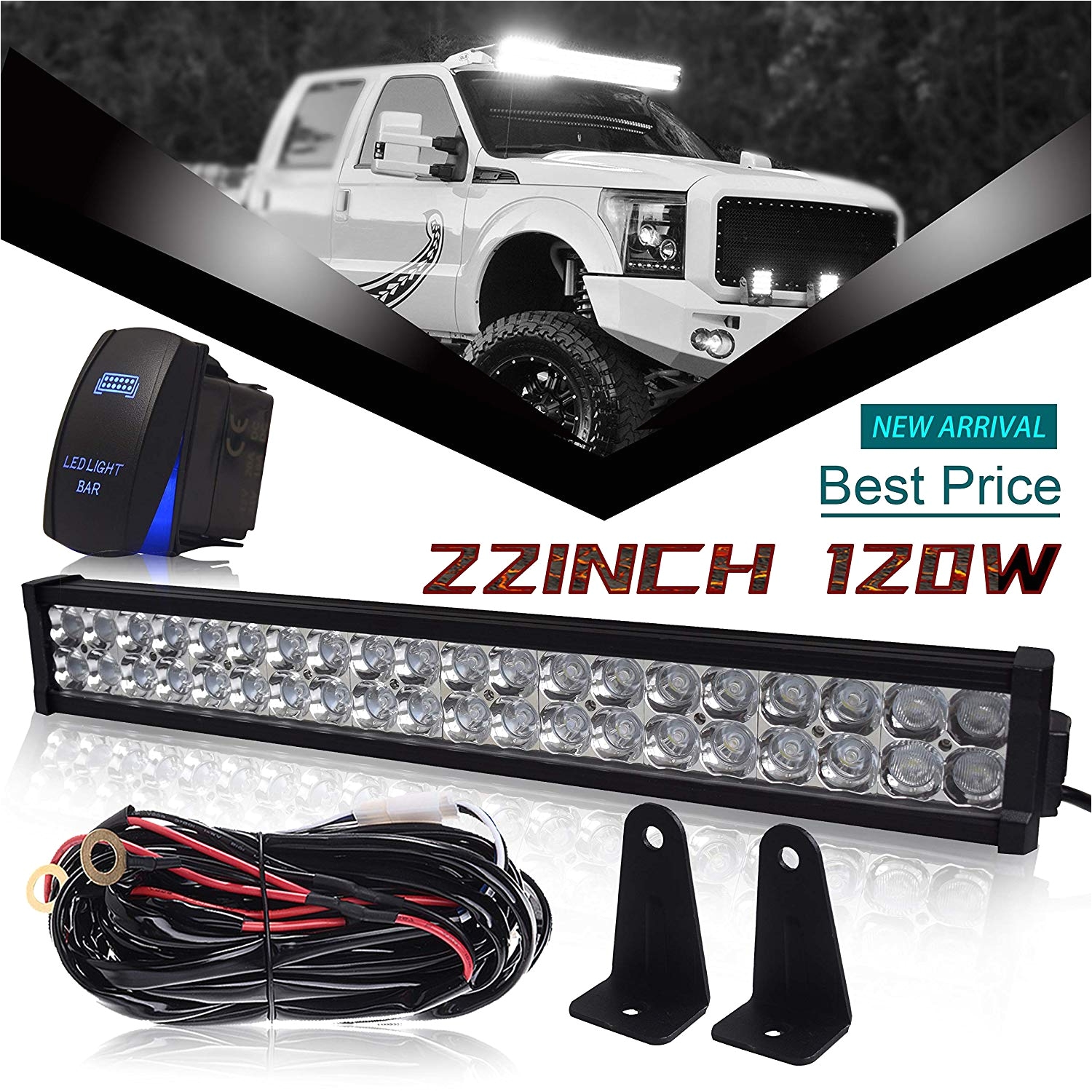 amazon com dot 22 24inch 120w led light bar combo grill windshield bumper light bar 1x rocker switch 1x wiring harness for truck jeep wrangler dodge