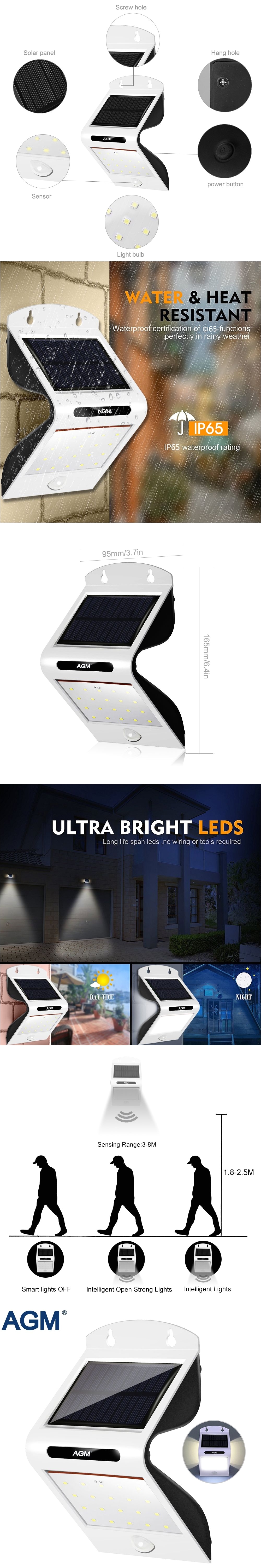 agm led solar lamp solar pir motion sensor wall light garden lights panel powered luminaria waterproof