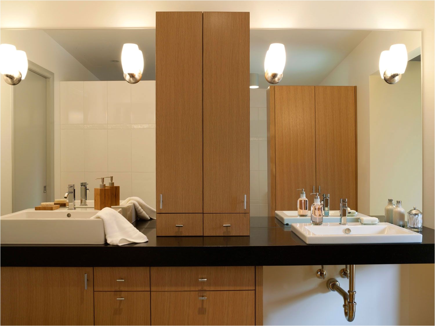 his hers wheelchair accessible sink custom vertical grain rift white oak cabinetry