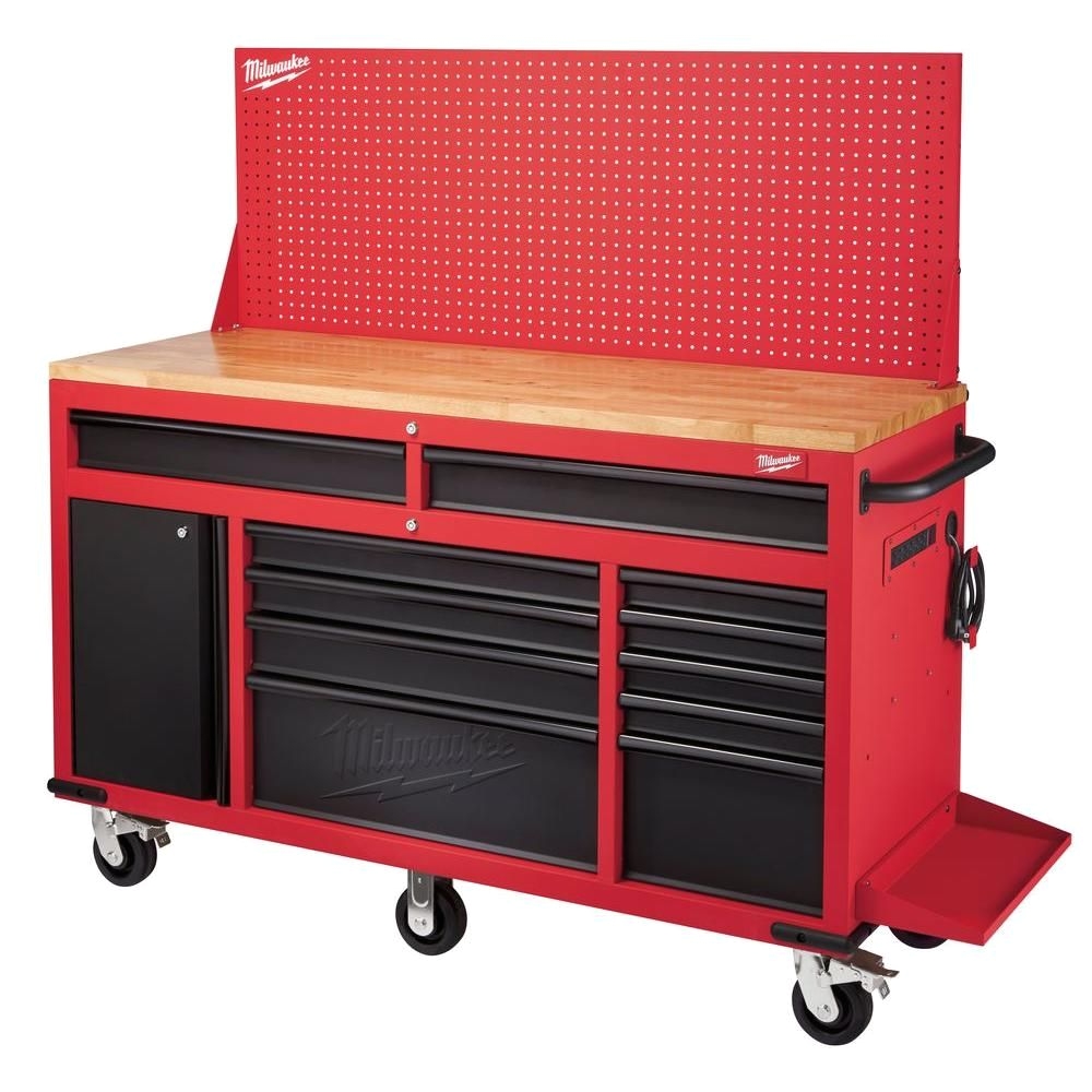 d mobile workbench with adjustable height sliding pegboard back wall red and black 48 22 8560 the home depot