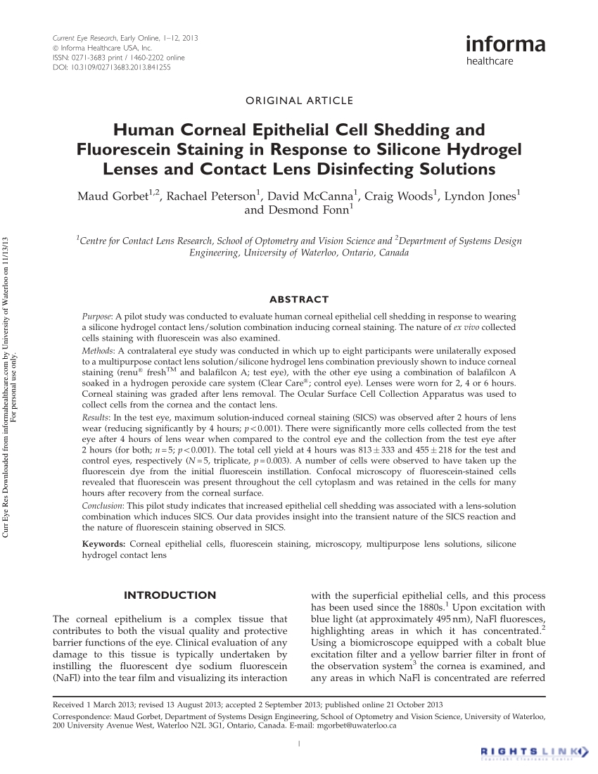 pdf human corneal epithelial cell shedding and fluorescein staining in response to silicone hydrogel lenses and contact lens disinfecting solutions