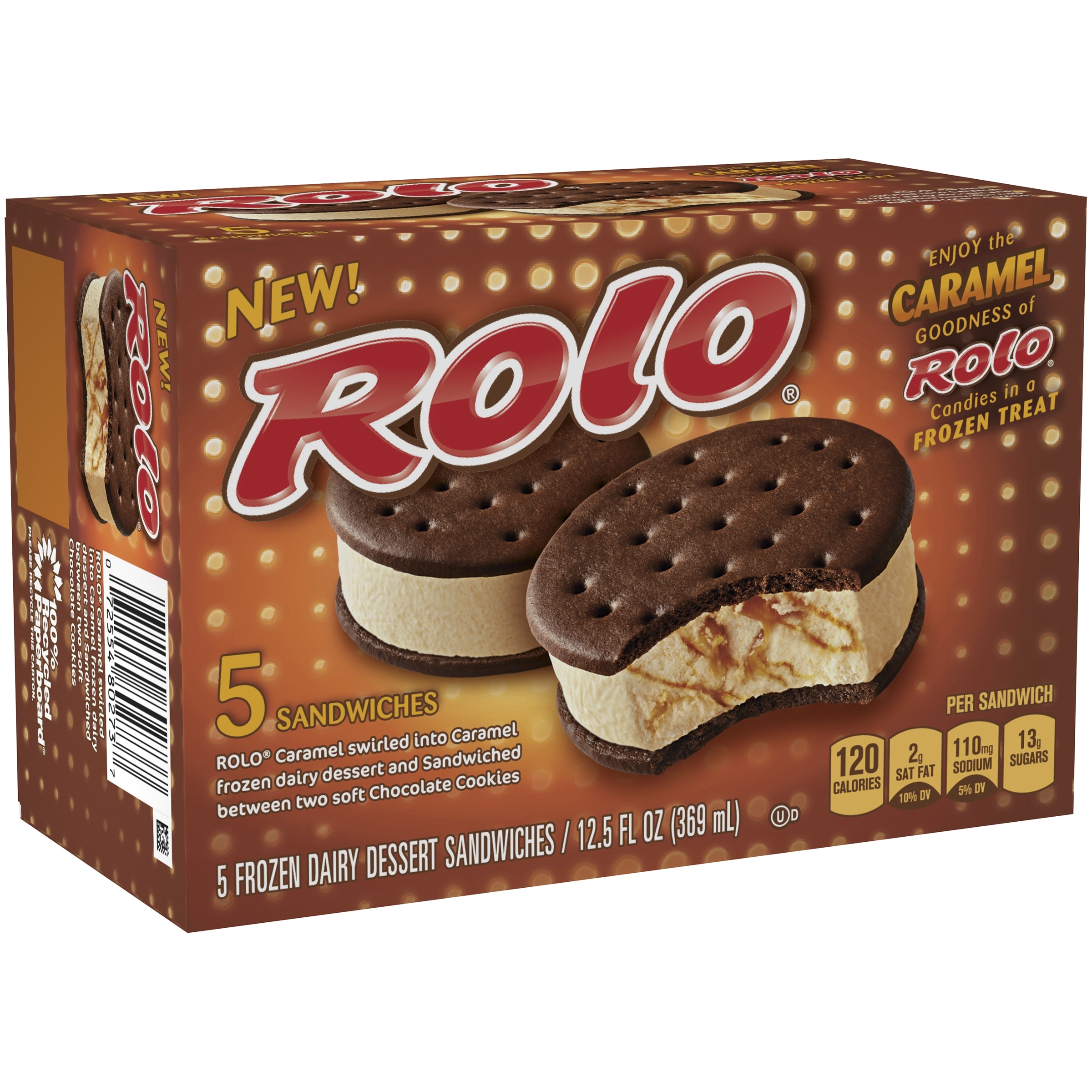 rolo frozen dairy dessert sandwiches decadent frozen dessert ice cream sandwiches with caramel swirls and rich chocolate cookies 5 count box walmart