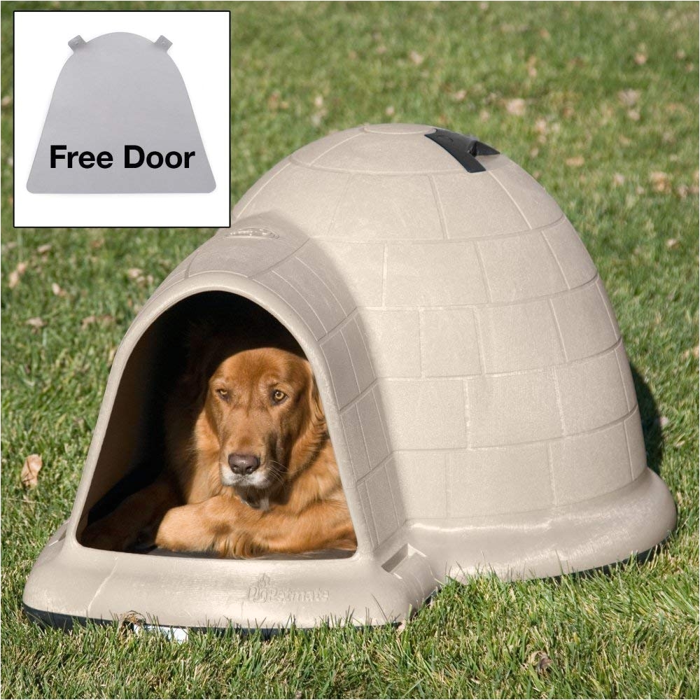 amazon com petmate indigo dog house with free dog door tan large 43 8l x 34w x 25 8h in pet supplies