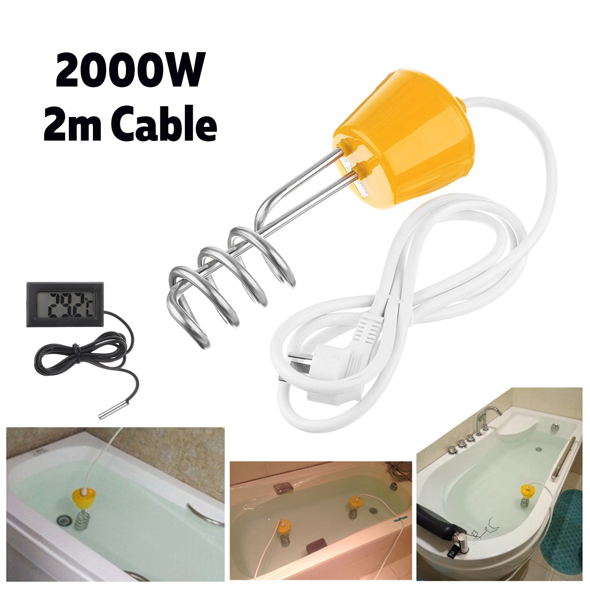 2000w 2m portable suspension electric immersion water heater element boiler for inflatable pool tub travel camping