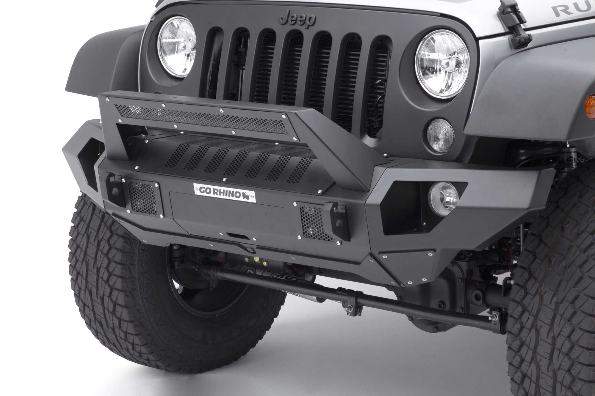 go rhino front bumper with straight end caps and roadline light mount bar for 07 17 jeepa wrangler and wrangler unlimited jk quadratec