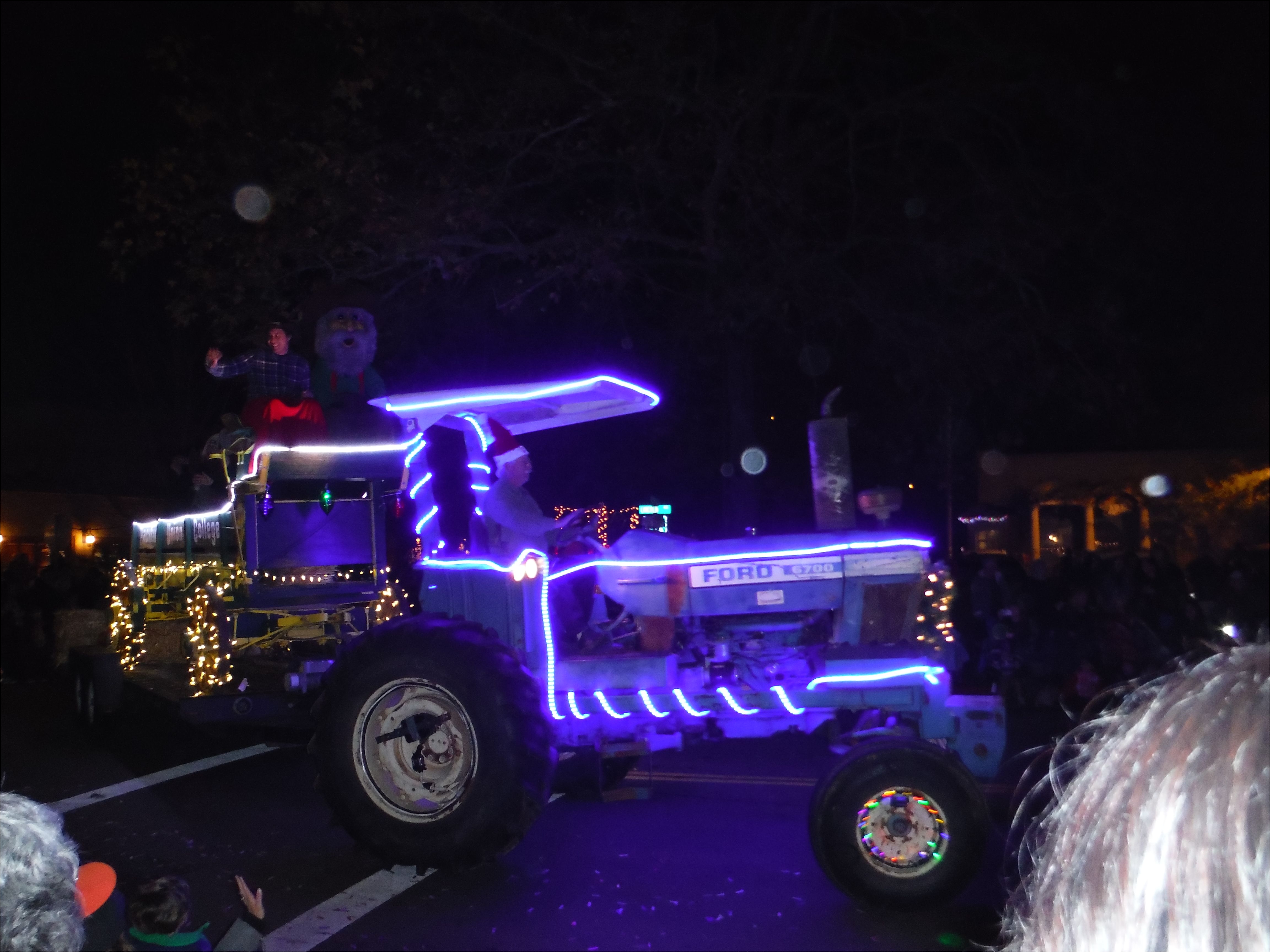 one of the lit up tractors in the parade for the calistoga tractor parade much earlier 7pm this dec 6th